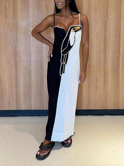 Women Maxi Dress Black and White Cotton-Linen | Parrot-6