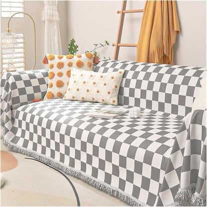 Variant image for Sofa Cover Grey Microfibre Chenille | Checkerboard Design-13