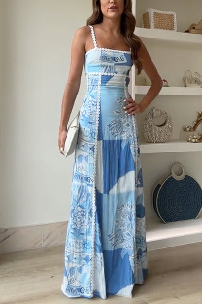 Women Blue Patchwork Maxi Dress | Fiona