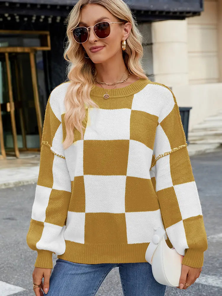 Variant image for Women Pullover Sweater Plaid Color-Block Acrylic | Autumn Chic-17