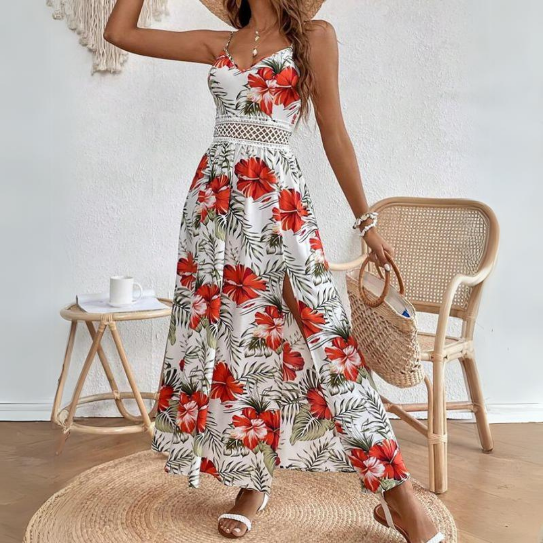 Tropical Maxi Dress with Lace Detailing and Side Slit | Alessia