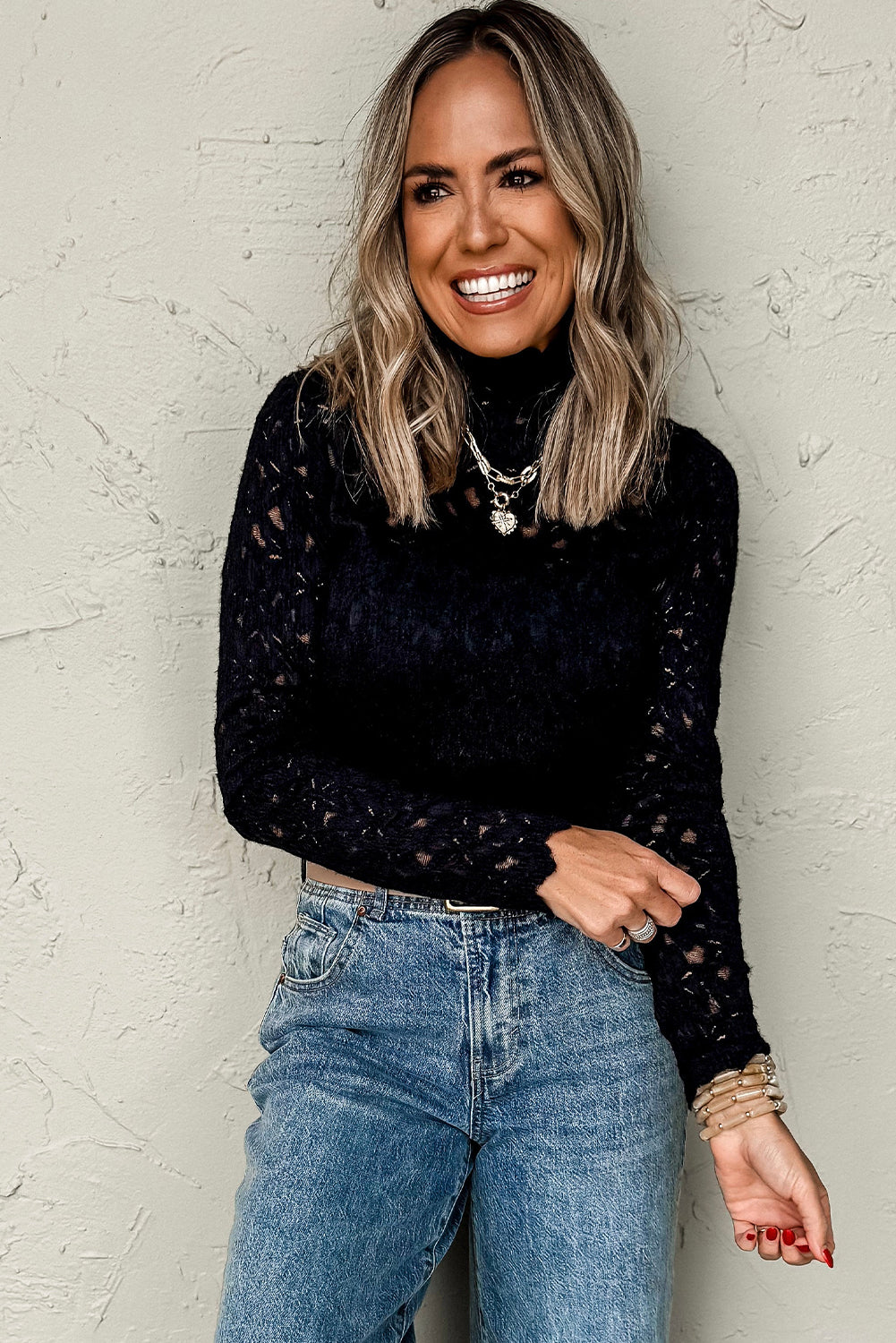 Women Lace Mock Neck Long Sleeve Top | Azanette