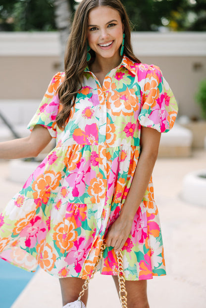 Floral Print Babydoll Dress with Puff Sleeves and Buttoned Front | Jeanne