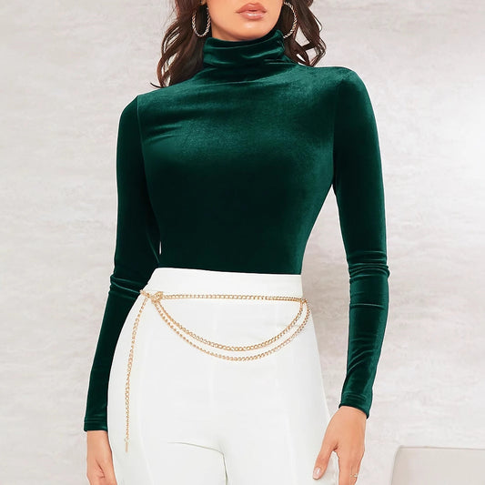 Women Turtleneck Top Dark Green Polyester | Elegant Style-1