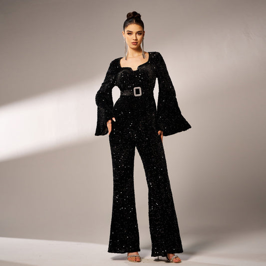 Women Sequin Jumpsuit Black Polyester | Elegant Night Out-1