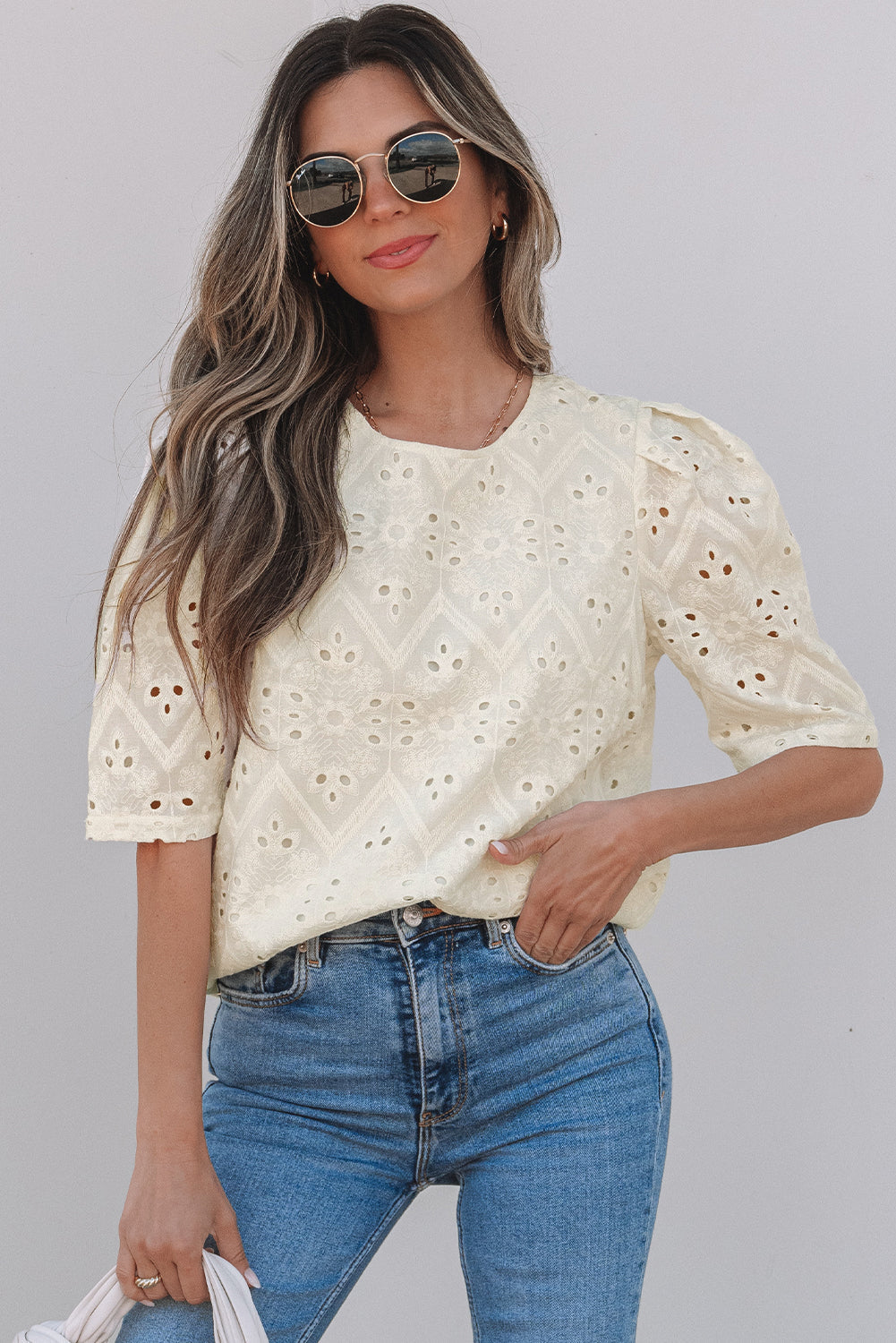 Women Blouse White Cotton Eyelet Embroidery | Emily-1