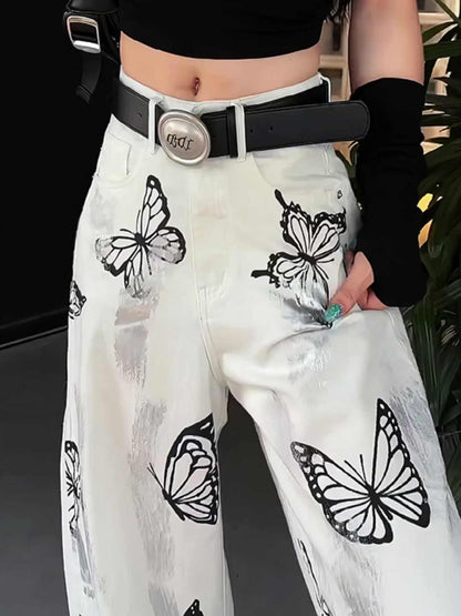 Women Wide Leg Pants White Ice Silk | Butterfly-4