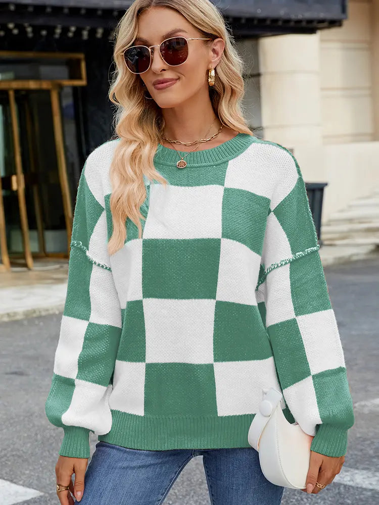 Variant image for Women Pullover Sweater Plaid Color-Block Acrylic | Autumn Chic-13
