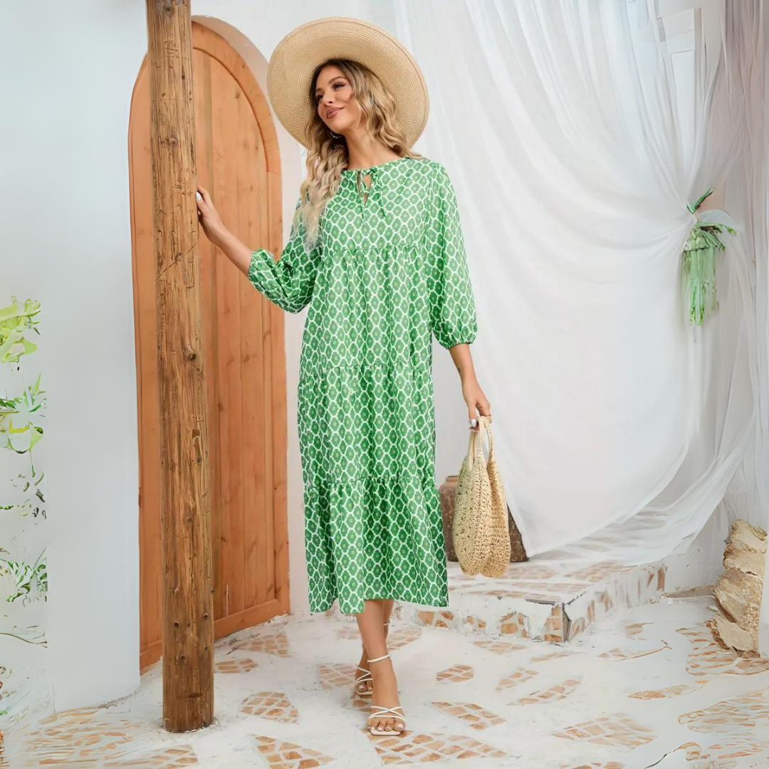 Boho Printed Midi Dress with Puff Sleeves | Clara