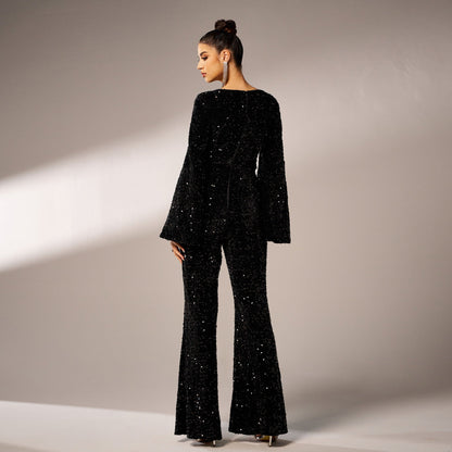 Women Sequin Jumpsuit Black Polyester | Elegant Night Out-4