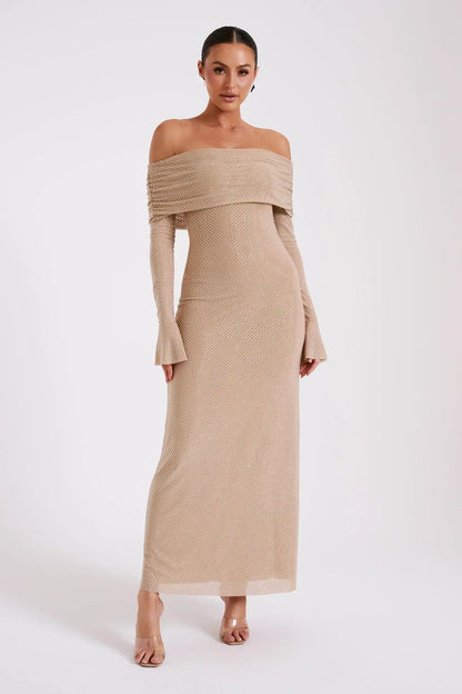 Off-Shoulder Long Knit Gown with Bell Sleeves | Giselle