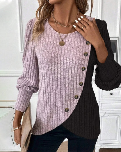 Women Asymmetrical Two-Tone Button Sweater | Gracie