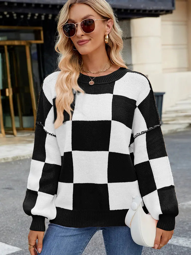 Variant image for Women Pullover Sweater Plaid Color-Block Acrylic | Autumn Chic-5