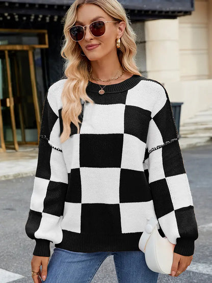 Variant image for Women Pullover Sweater Plaid Color-Block Acrylic | Autumn Chic-5