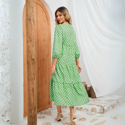 Boho Printed Midi Dress with Puff Sleeves | Clara