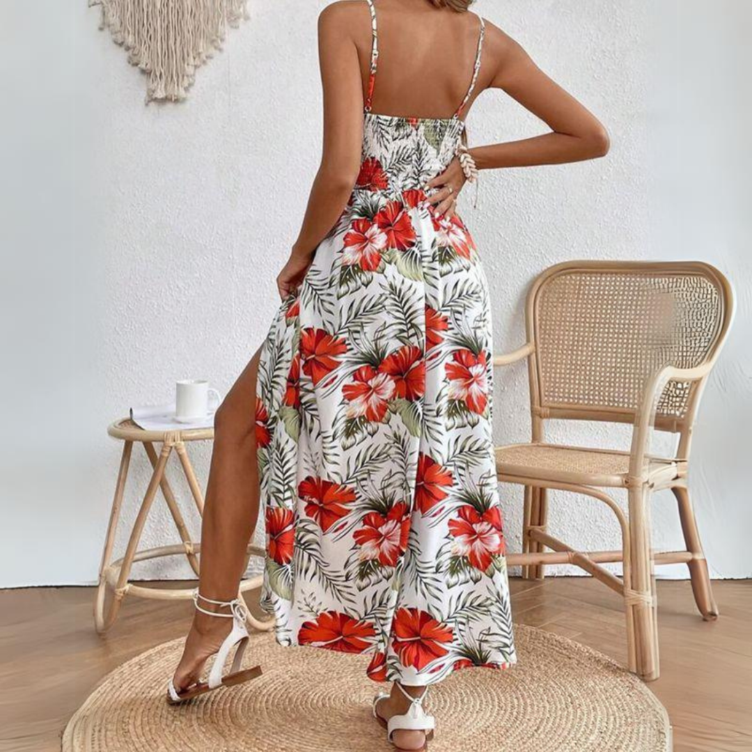 Tropical Maxi Dress with Lace Detailing and Side Slit | Alessia