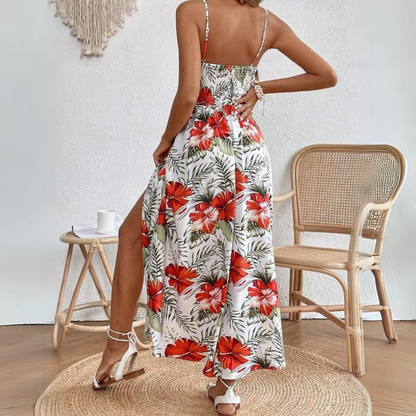 Tropical Maxi Dress with Lace Detailing and Side Slit | Alessia