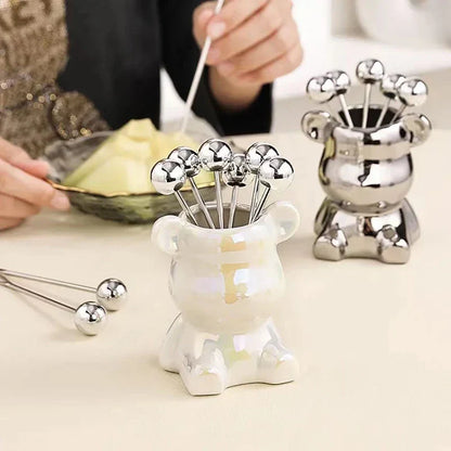 Stainless Steel Tasting Forks Set | Elegant Bear Holder | Perfect for Serving Snacks and Fruits 5