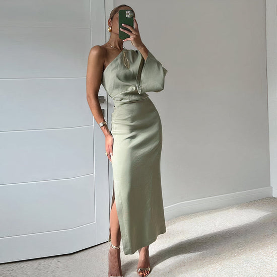 One-Shoulder Satin Midi Dress with Side Slit | Lucienne