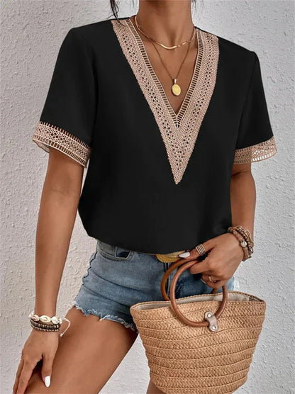 Boho Chic Crochet Trim V-neck Top | Olivia