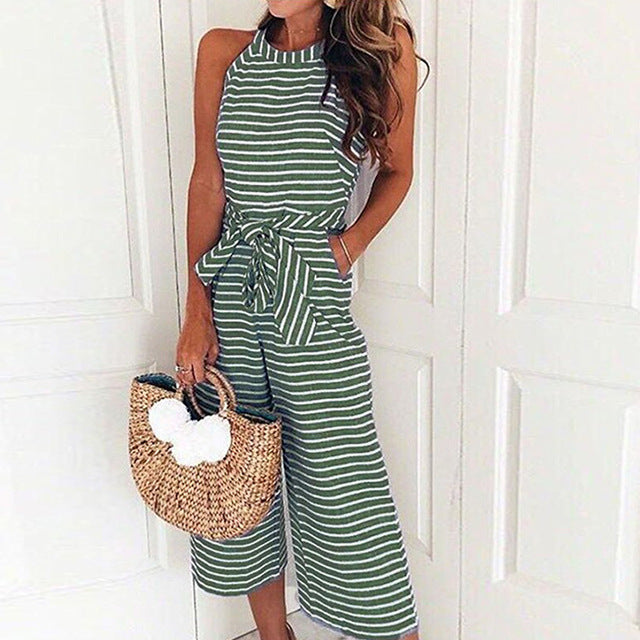 Striped Sleeveless Belted Jumpsuit | Athina