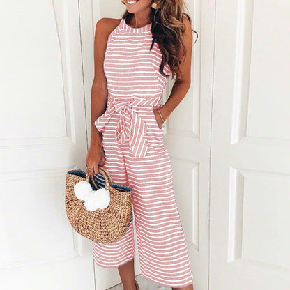 Striped Sleeveless Belted Jumpsuit | Athina