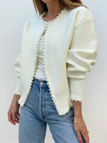 Women Pearl-Embellished Open Cardigan | Gwyndolyn