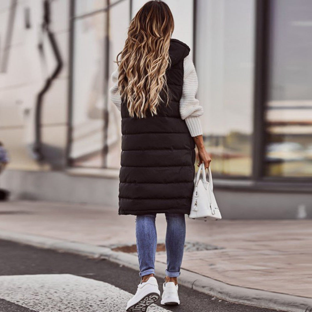 Long Puffer Vest with Hood | Xyla