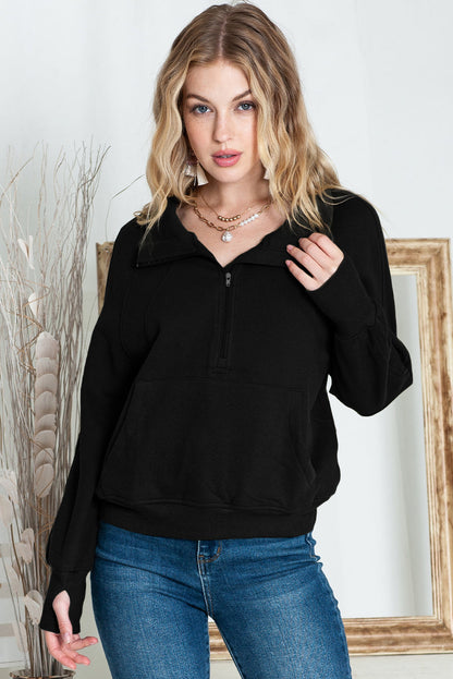 Brown Zip-Up Sweatshirt with Stand Collar and Thumbhole Sleeves – Casual Chic Design 12