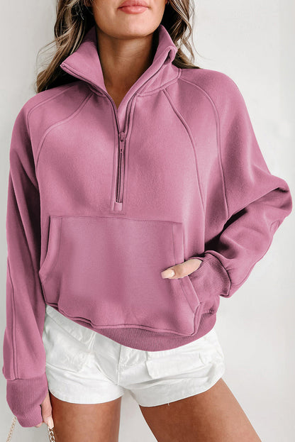 Brown Zip-Up Sweatshirt with Stand Collar and Thumbhole Sleeves – Casual Chic Design 15