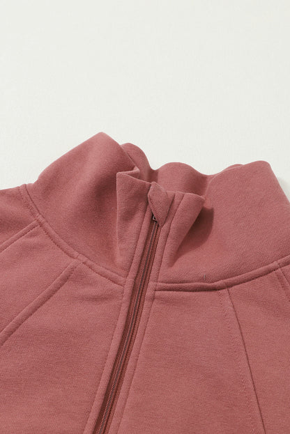 Brown Zip-Up Sweatshirt with Stand Collar and Thumbhole Sleeves – Casual Chic Design 8
