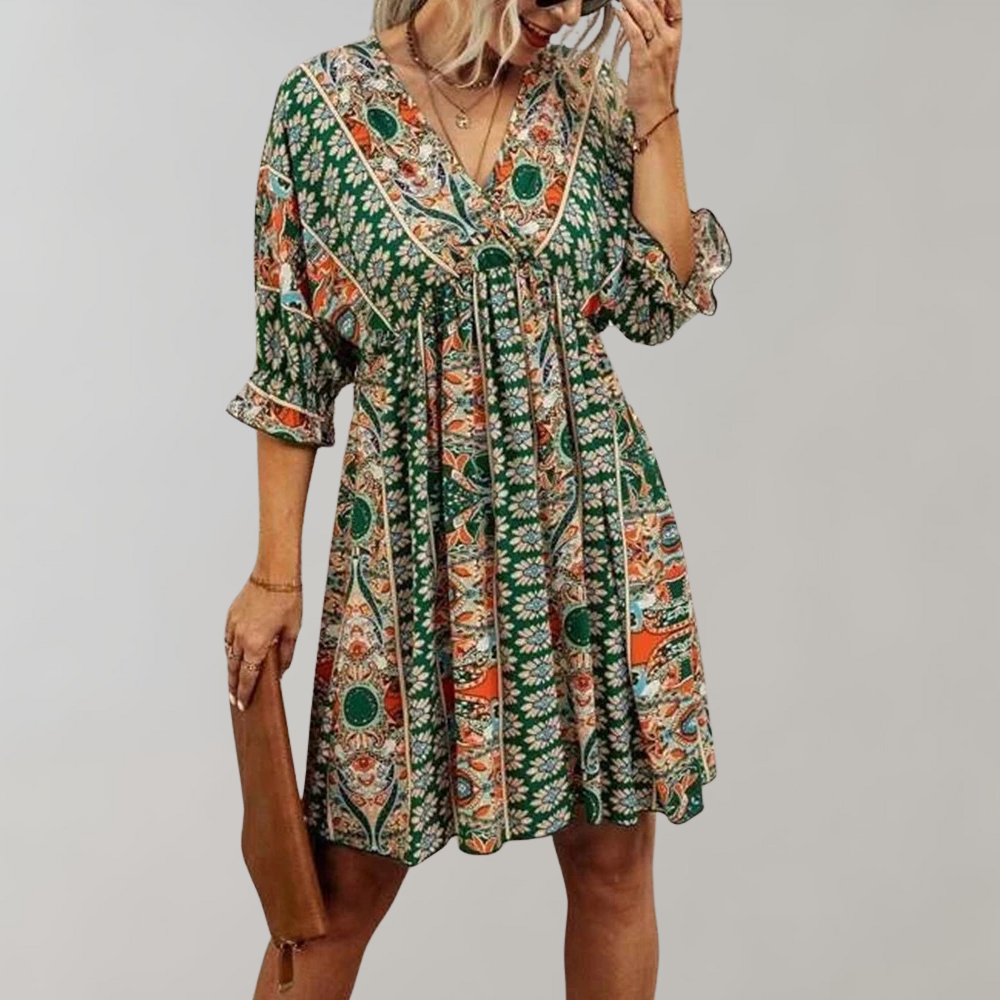 Boho-Inspired Empire Waist Mini Dress with Floral Print | Cindy