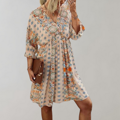 Boho-Inspired Empire Waist Mini Dress with Floral Print | Cindy