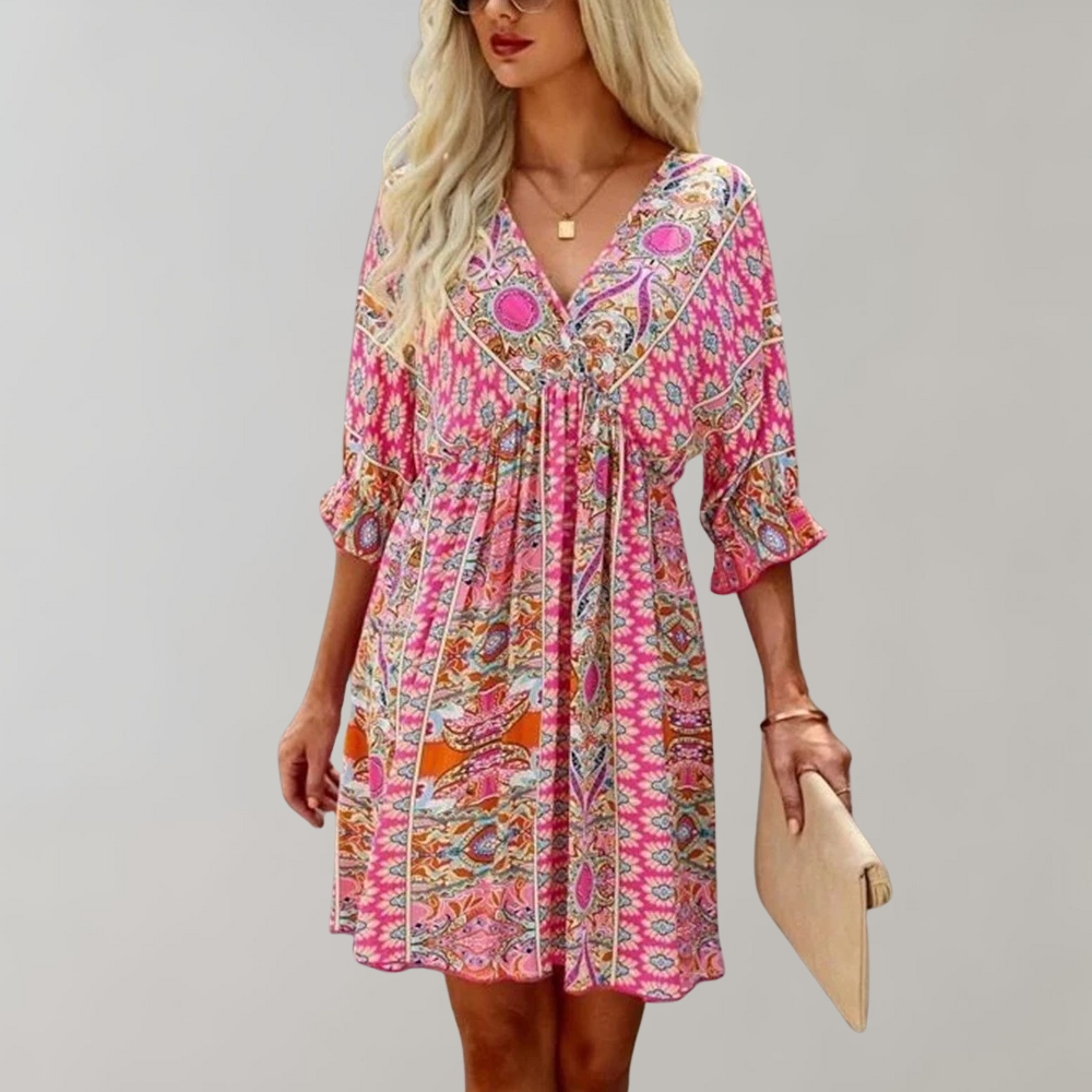 Boho-Inspired Empire Waist Mini Dress with Floral Print | Cindy