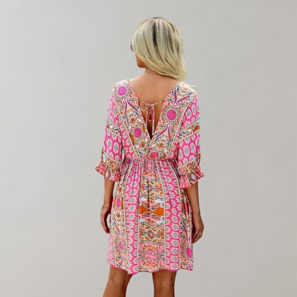 Boho-Inspired Empire Waist Mini Dress with Floral Print | Cindy