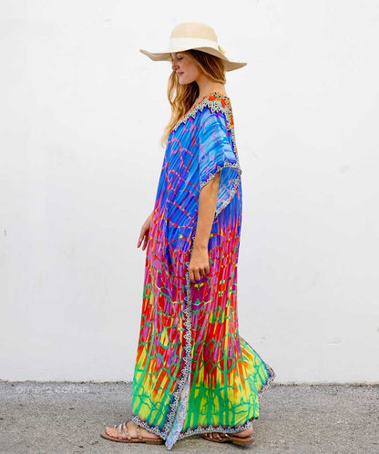 Bohemian Maxi Dress with Beaded Tribal Neckline | Salve