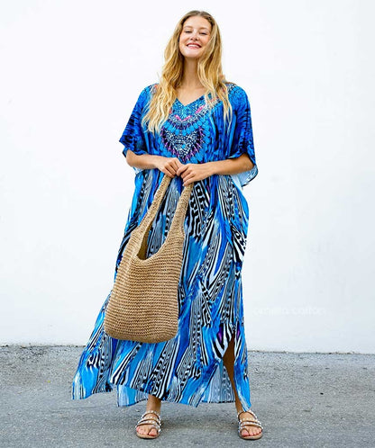 Bohemian Maxi Dress with Beaded Tribal Neckline | Salve