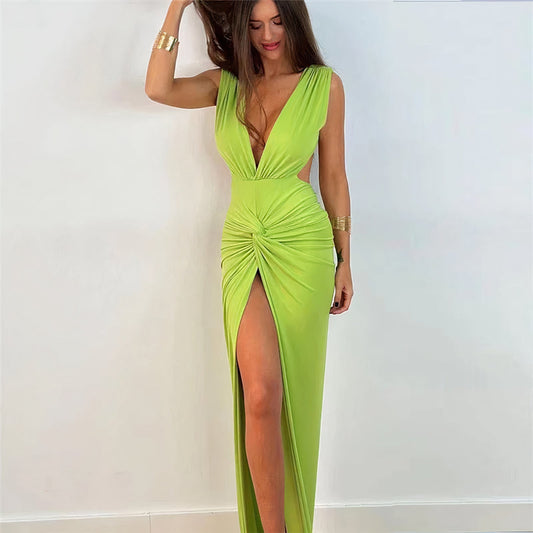 Deep V-Neck Ruched Maxi Dress with Thigh Slit | Miriam