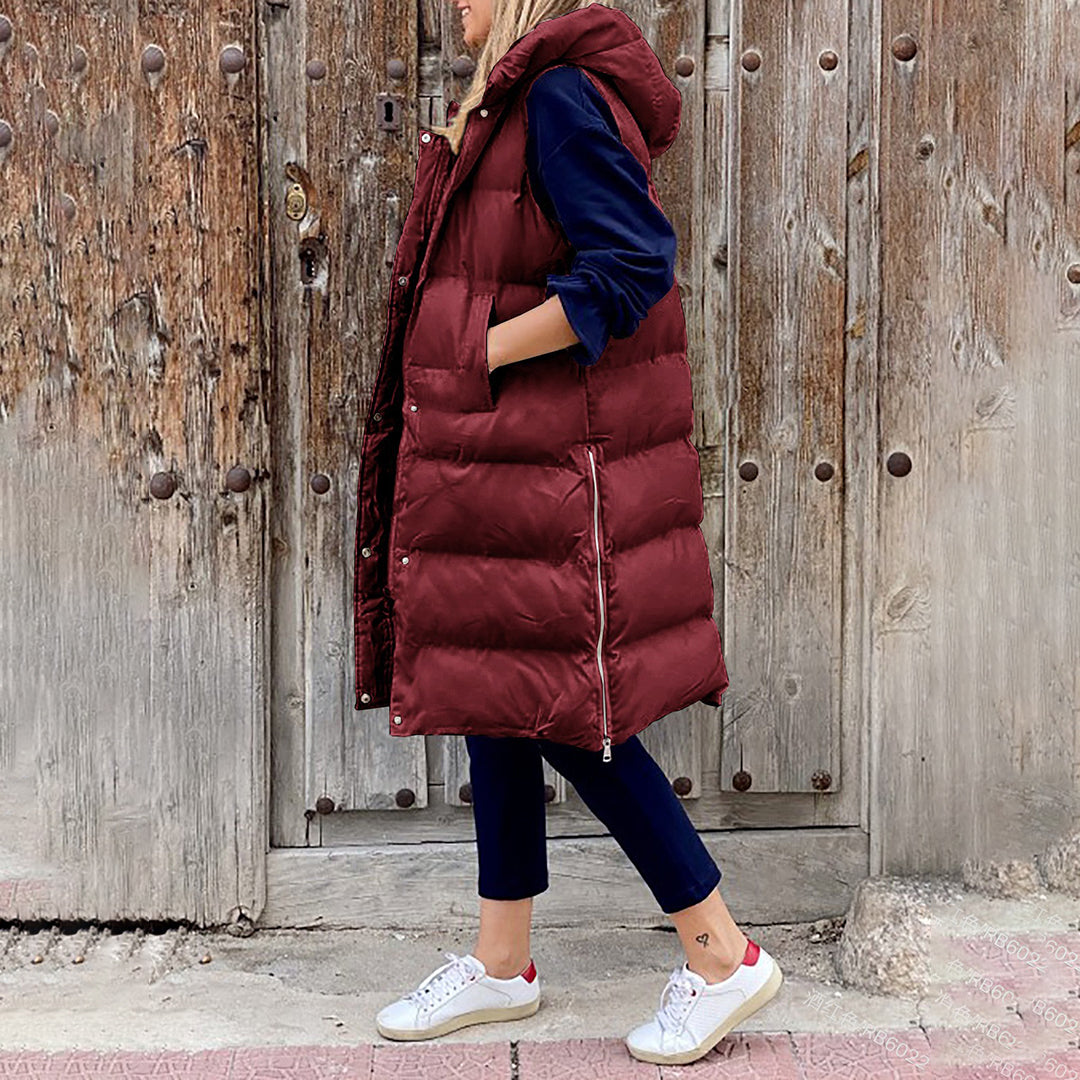 Long Puffer Vest with Hood | Xyla