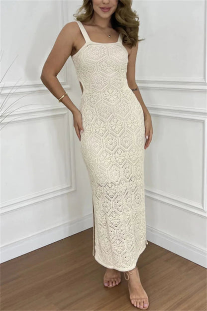 Cutout Side Slit White Maxi Dress with Eyelet Detail – Semi-Sheer Stretchy Polyester Long Dress for Women 6