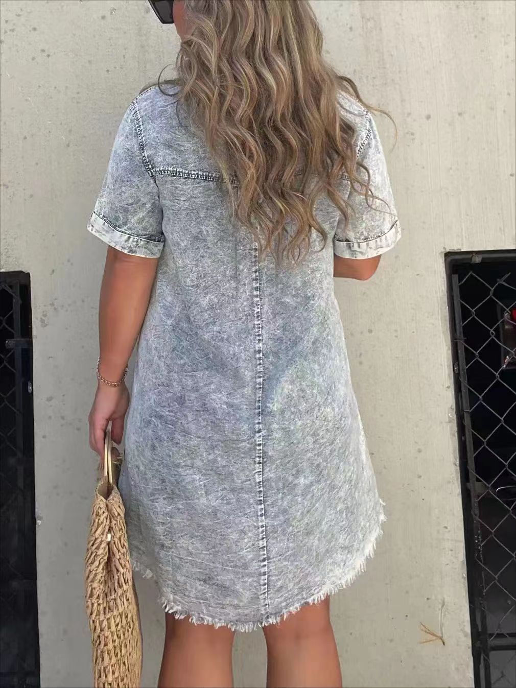 Denim Shirt Dress with Frayed Hem | Sage