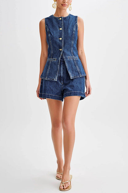 Sleeveless Denim Top and Shorts Set | Elara