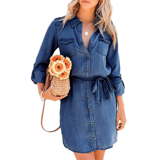 Casual Button-Up Denim Shirt Dress with Belt | Cara