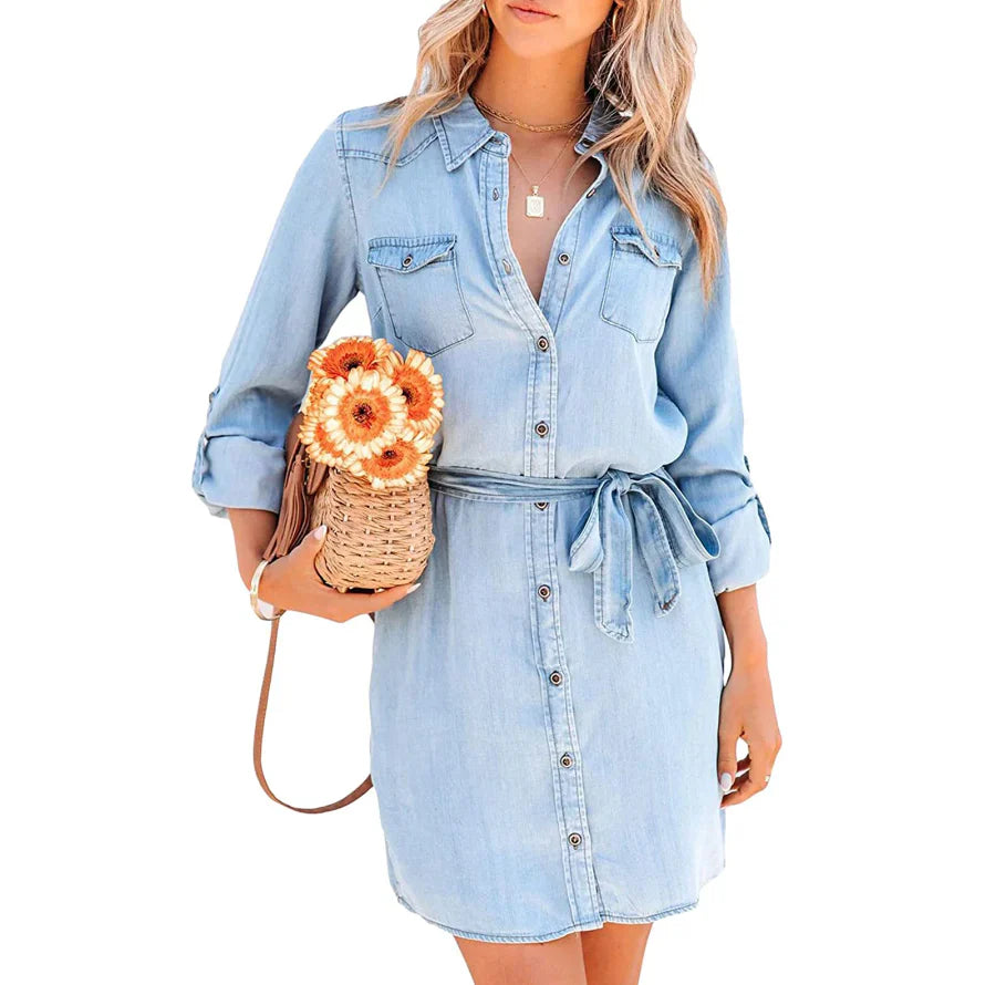 Casual Button-Up Denim Shirt Dress with Belt | Cara