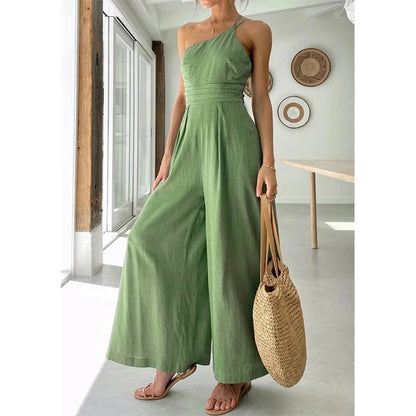 Faris One Shoulder Linen Look Wide Leg  Jumpsuits - 4 Colors