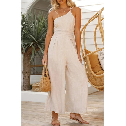 Faris One Shoulder Linen Look Wide Leg  Jumpsuits - 4 Colors