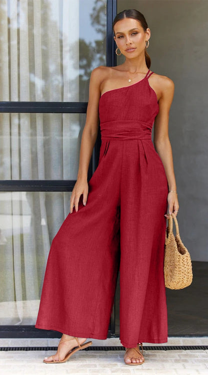 Faris One Shoulder Linen Look Wide Leg  Jumpsuits - 4 Colors