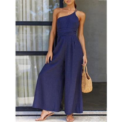 Faris One Shoulder Linen Look Wide Leg  Jumpsuits - 4 Colors