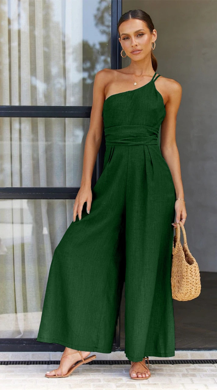 Faris One Shoulder Linen Look Wide Leg  Jumpsuits - 4 Colors