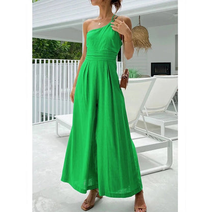 Faris One Shoulder Linen Look Wide Leg  Jumpsuits - 4 Colors